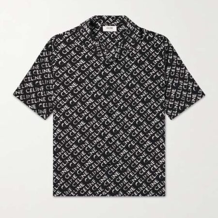 CELINE HOMME CONVERTIBLE-COLLAR LOGO-PRINT SILK SHIRT