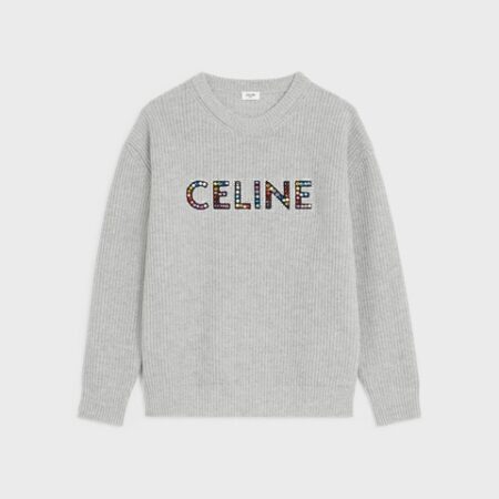 CELINE OVERSIZED EMBROIDERED SWEATER IN RIBBED WOOL LIGHT GREY