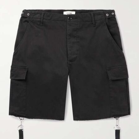 CELINE HOMME LOGO-DETAILED DISTRESSED COTTON-TWILL CARGO SHORTS