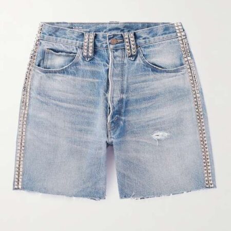 CELINE HOMME STRAIGHT-LEG STUDDED DISTRESSED DENIM SHORTS