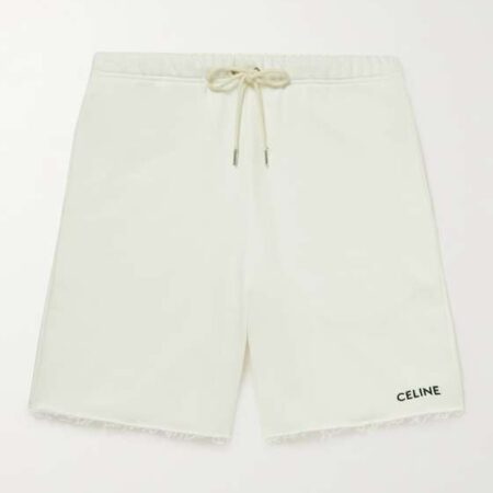 CELINE HOMME WIDE-LEG DISTRESSED LOGO-PRINT COTTON-JERSEY DRAWSTRING SHORTS