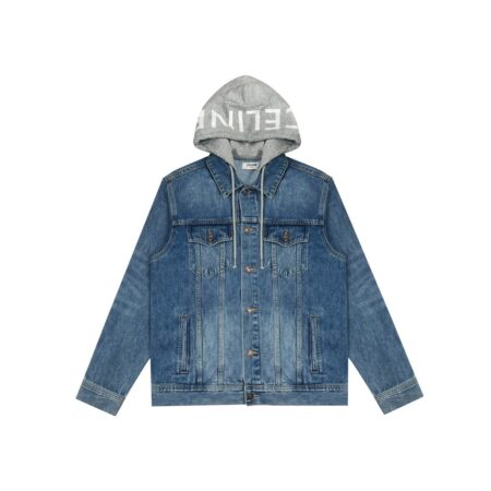 CELINE HOMME BLUE LAYERED LOGO DENIM HOODED JACKET