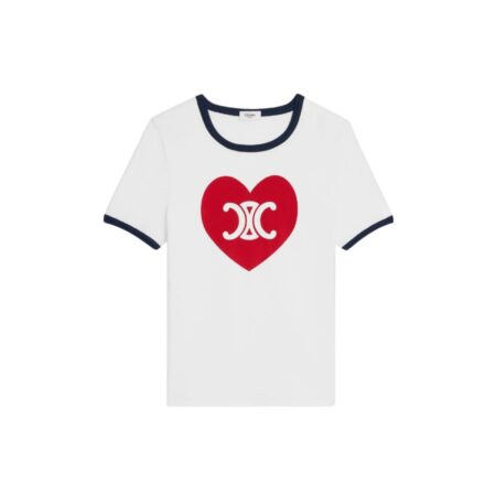 Celine Heart Triomphe T-Shirt In Cotton Jersey Off White-Navy-Red